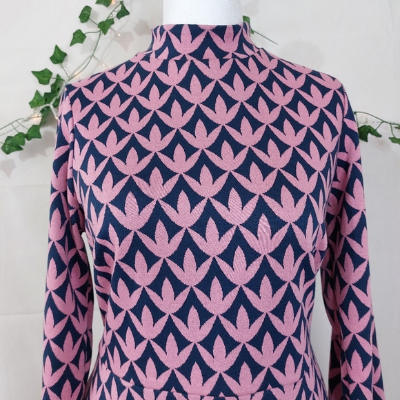 BODEN High Neck Fit&Flare Dress Pink Navy Floral Geo Size 14R Winter Autumn Chic - Picture 9 of 11
